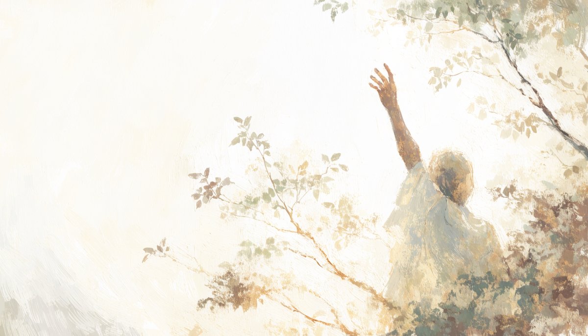 A figure reaches upward toward light streaming through tree branches under a warm sky.