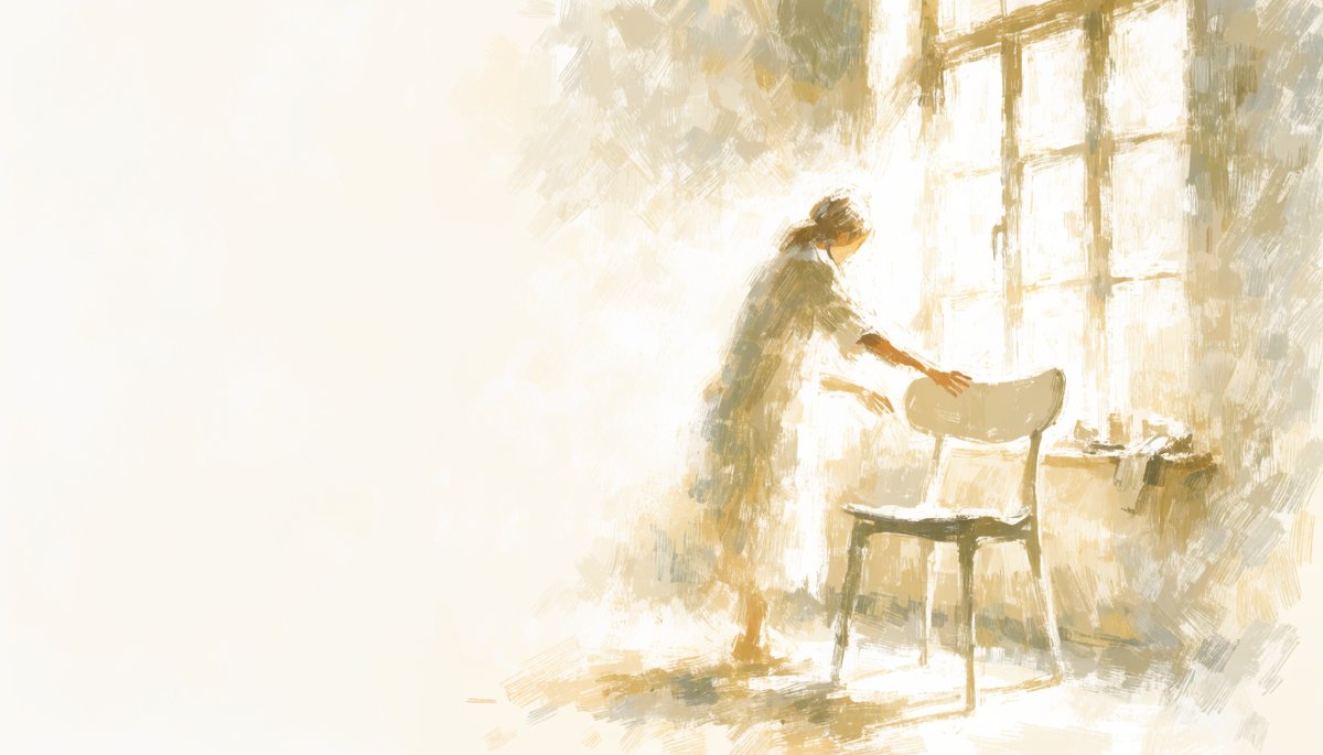 A figure arranges a bright new chair beside a sunlit window in a fresh, airy room full of warm light.