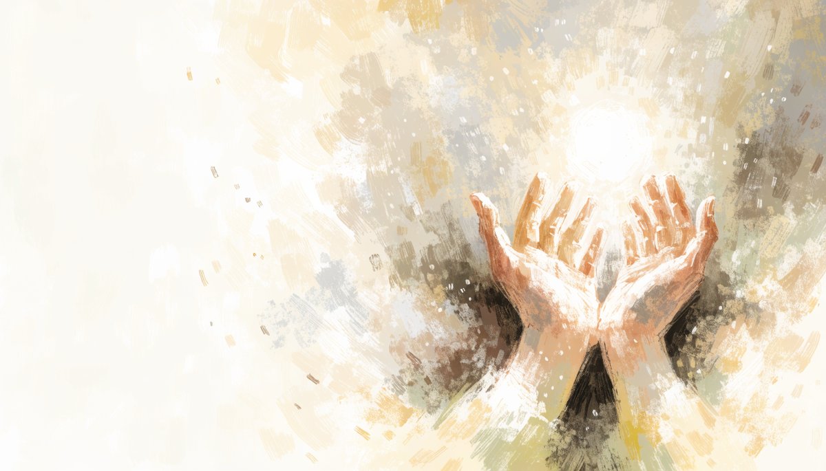Open cupped hands holding a warm glowing light against a soft, luminous natural background.
