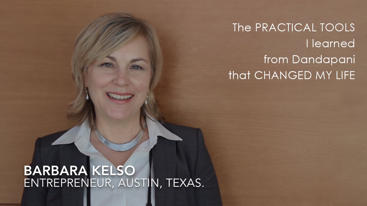 Barbara Kelso of EO Austin speaking to camera about her chapter’s event with Dandapani