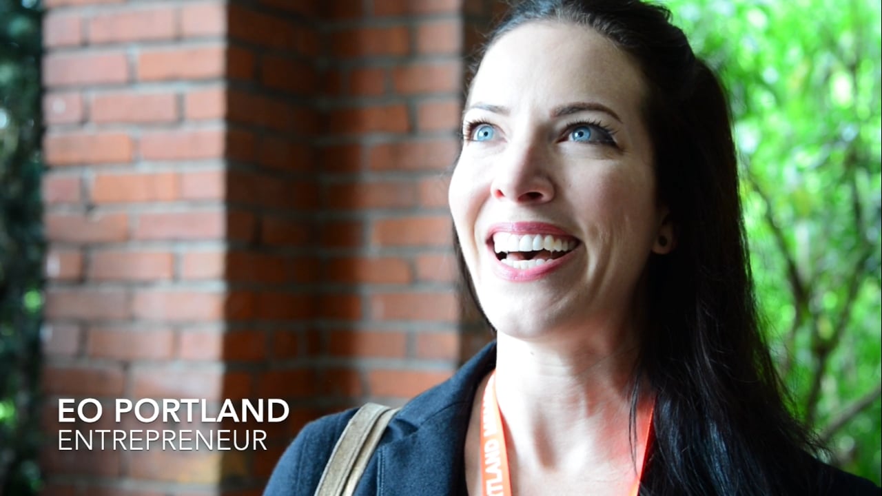 An EO Portland member speaking to camera about the chapter retreat with Dandapani