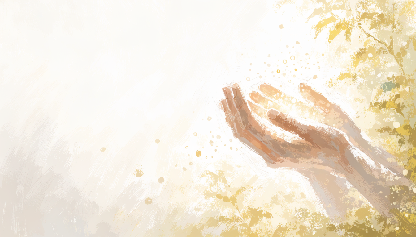 Open cupped hands hold a soft warm glow of light in a sunlit garden.
