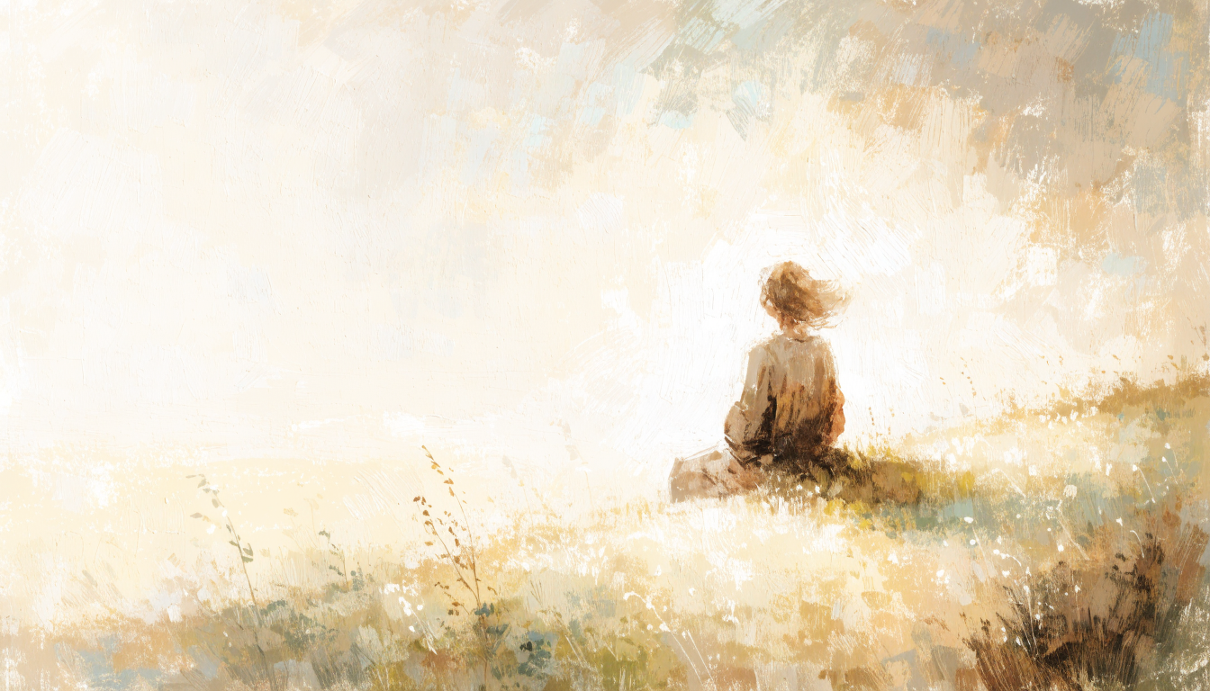 A figure seated in stillness on a sunlit hilltop at dawn, facing a bright open horizon.