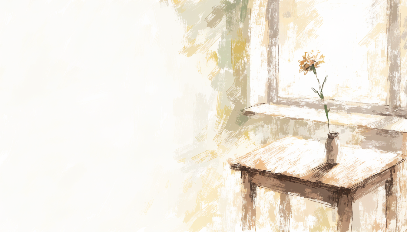 A calm, uncluttered wooden table by a sunlit window with a single flower in a vase, bathed in warm light.