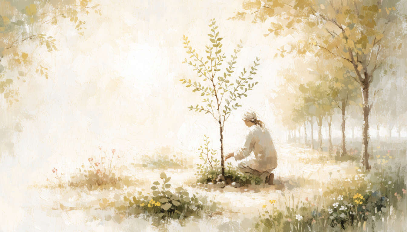 A figure kneels in a lush green garden tending a young sapling, with rows of trees stretching toward bright morning light.