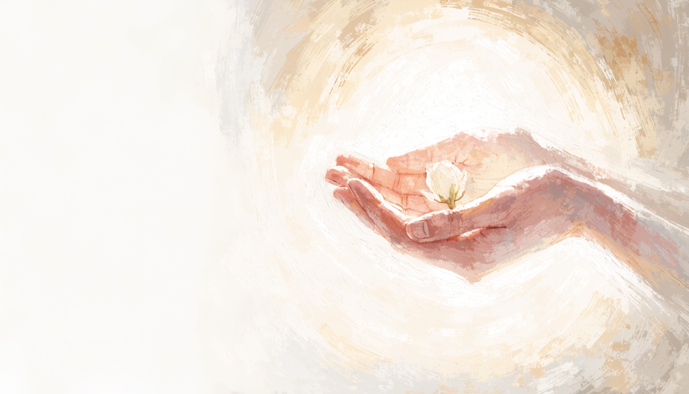 Open hands cradle a soft glow of morning light with a single fragile blossom resting in the palms as a warm sunrise breaks behind.