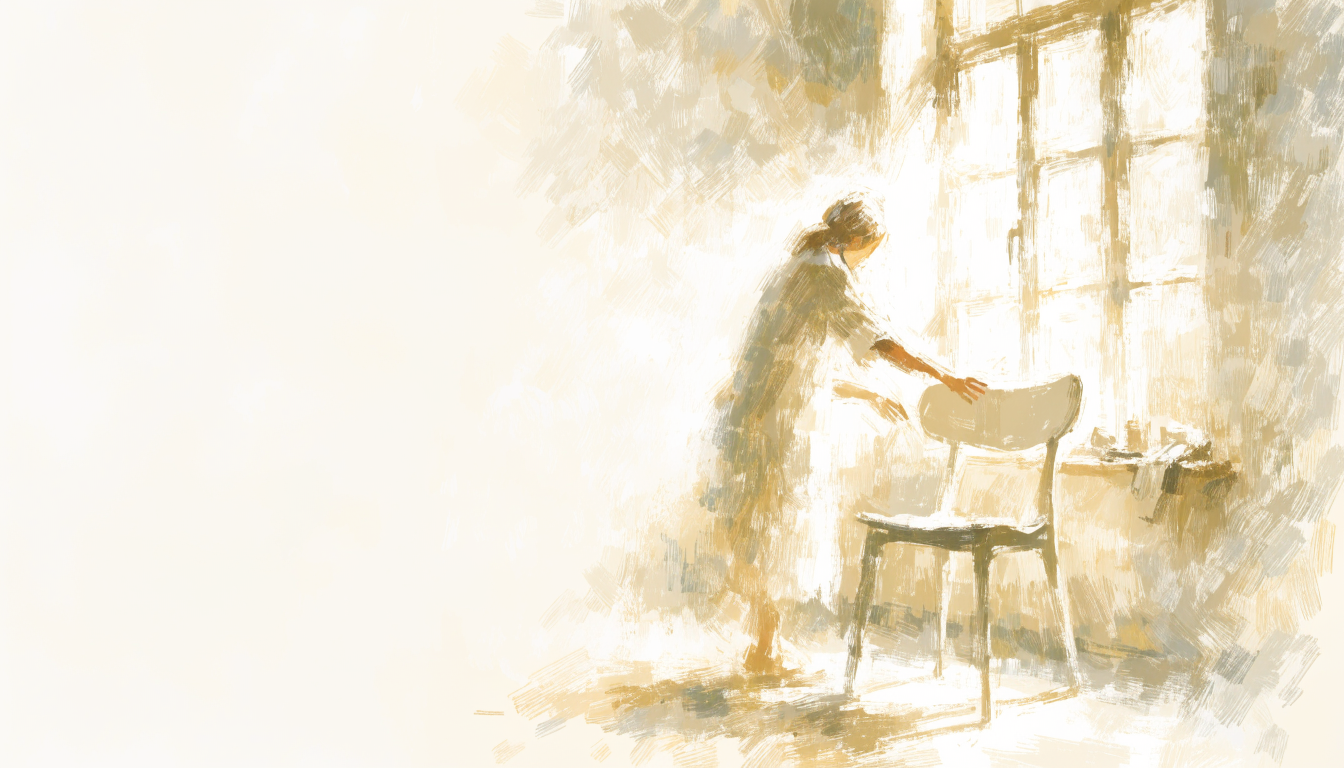 A figure arranges a bright new chair beside a sunlit window in a fresh, airy room full of warm light.