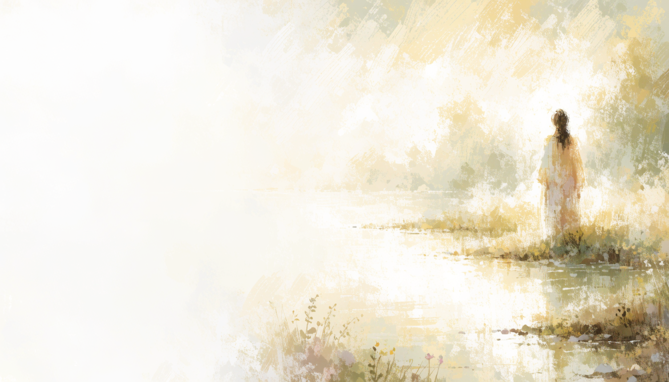A calm figure stands at the still shore of a lake at dawn, facing soft light.