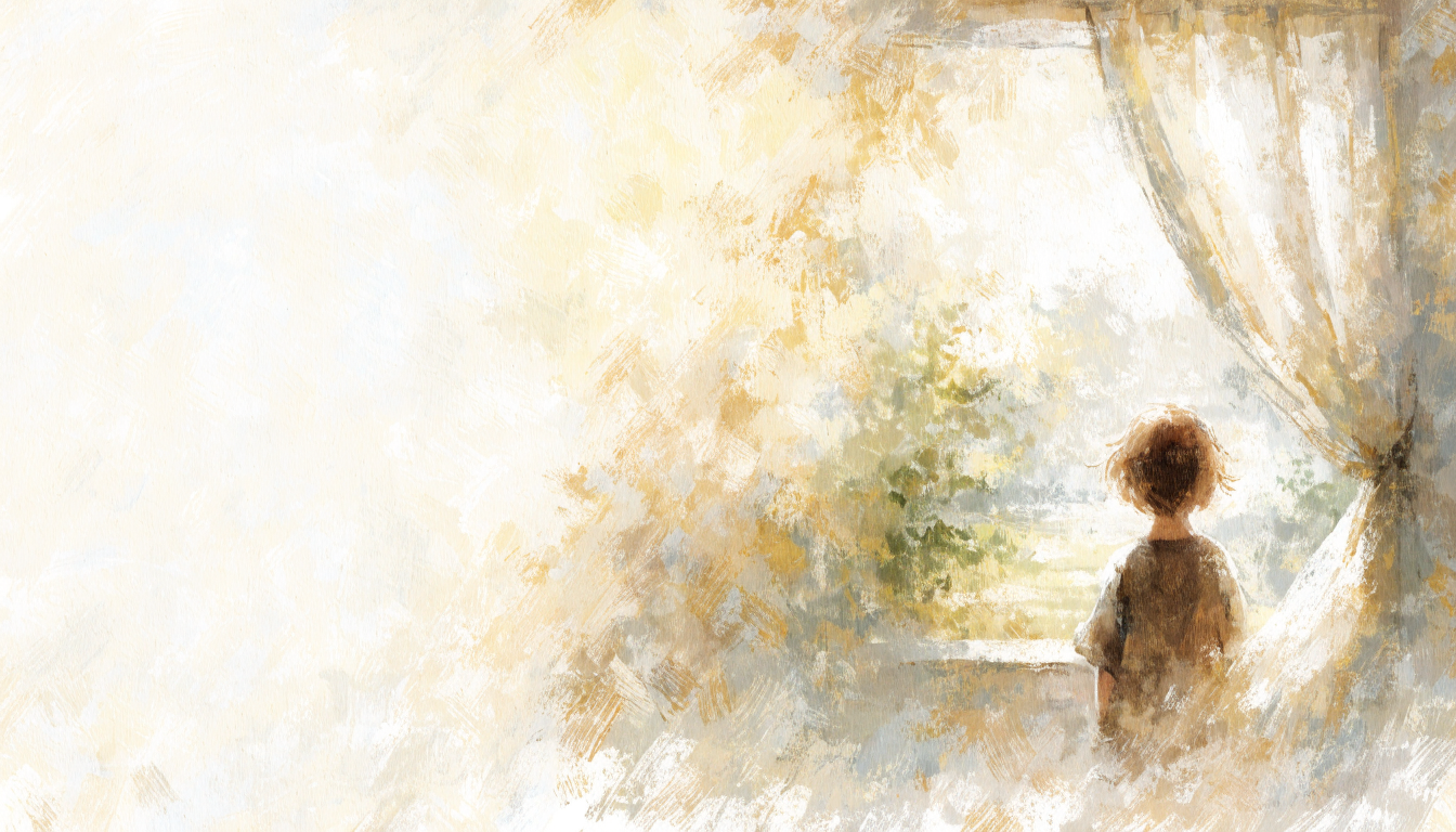 A young child sitting in soft golden morning light by an open window, gazing outward with wonder.