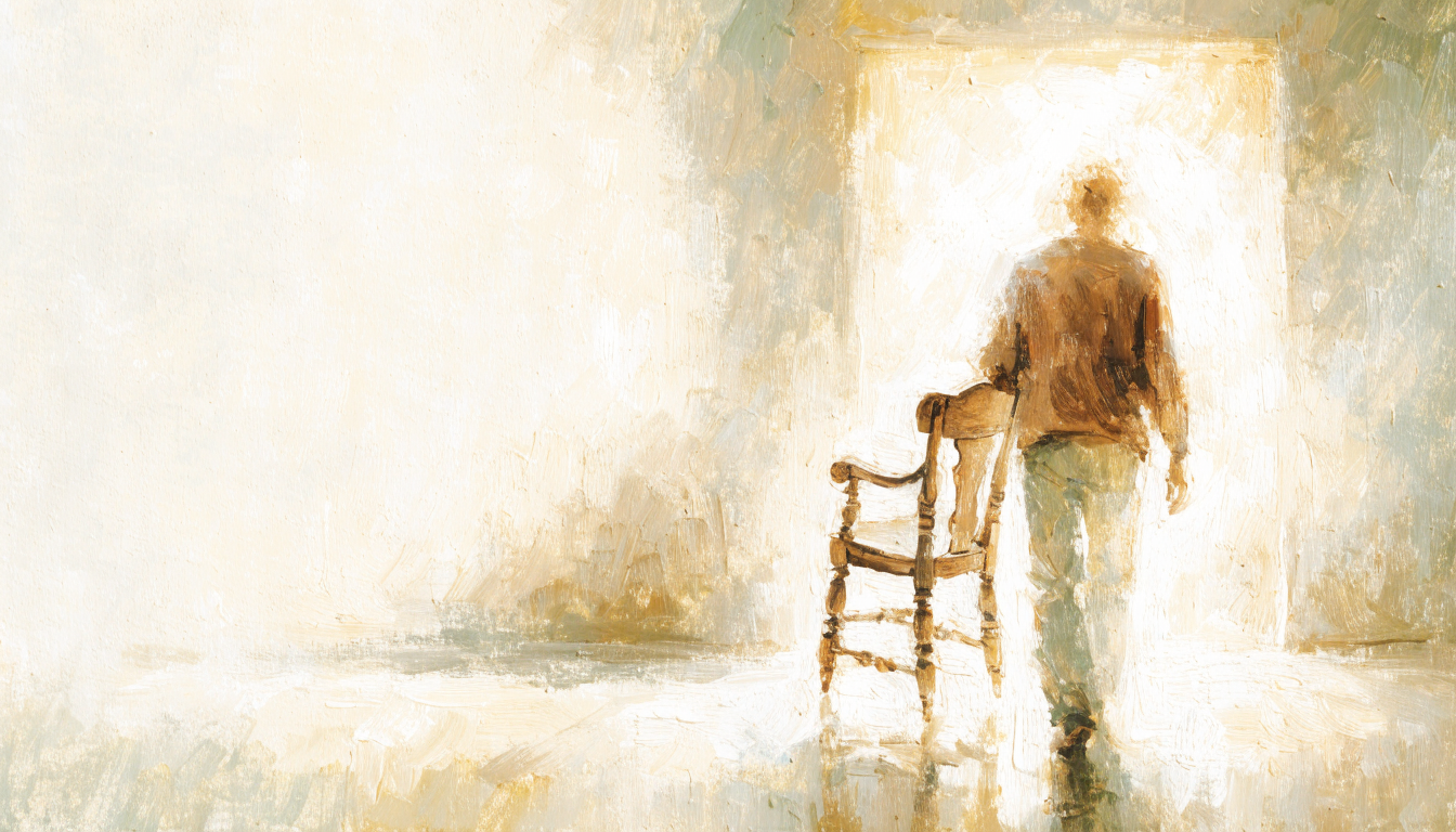 A figure carries an old chair out of a bright, sunlit room, opening up clear empty space by a large window.