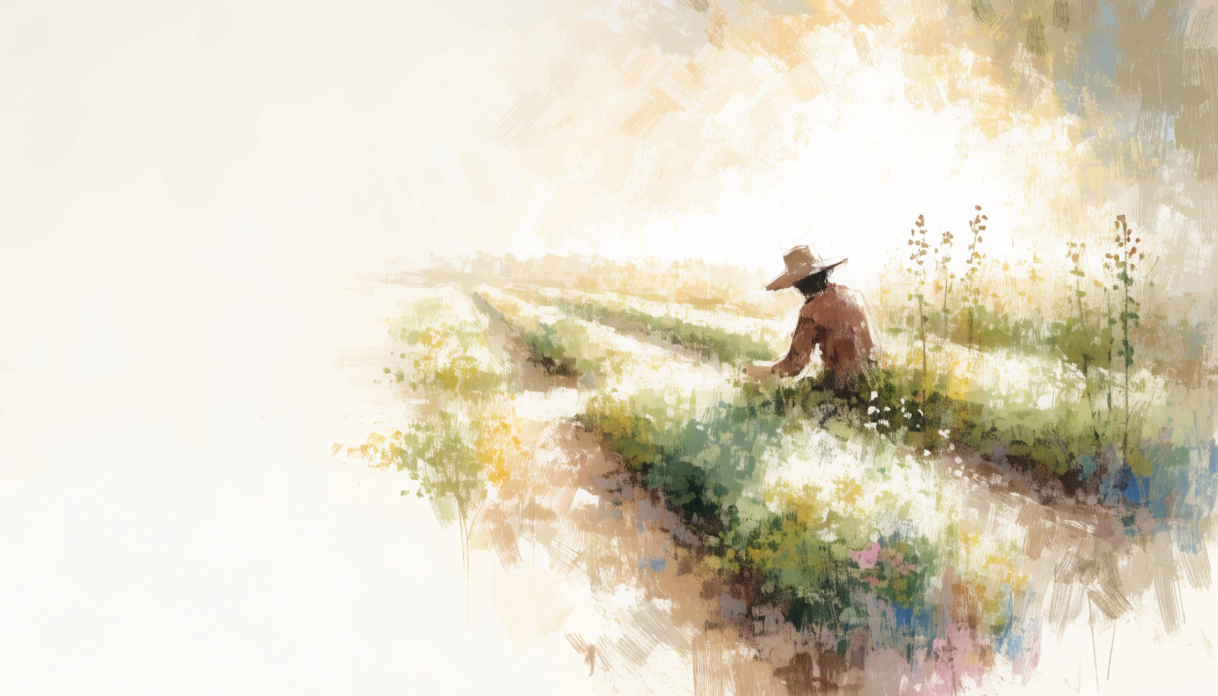 A figure tends a lush, sunlit garden of many green beds, watering can in hand, light streaming across the rows.