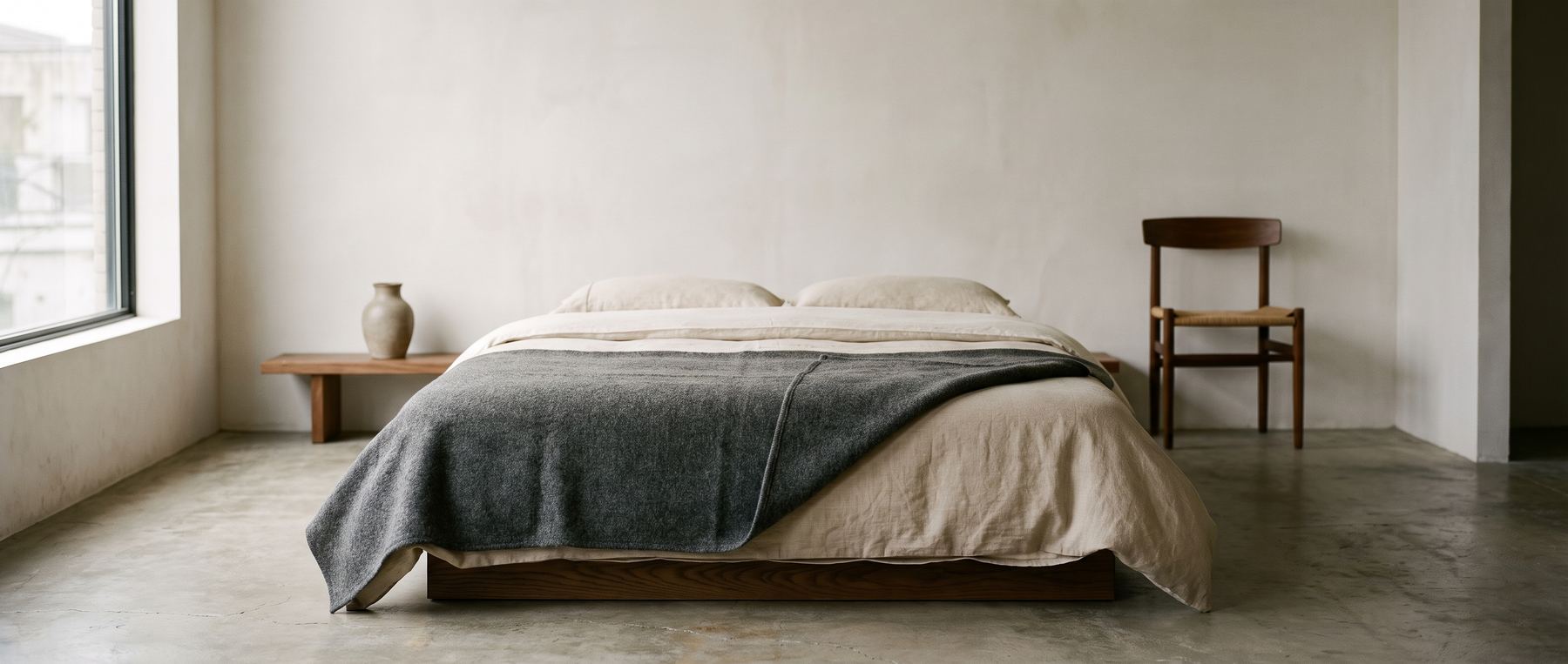 A neatly made bed in a plain, light-filled room, the ordinary routine that becomes the practice.