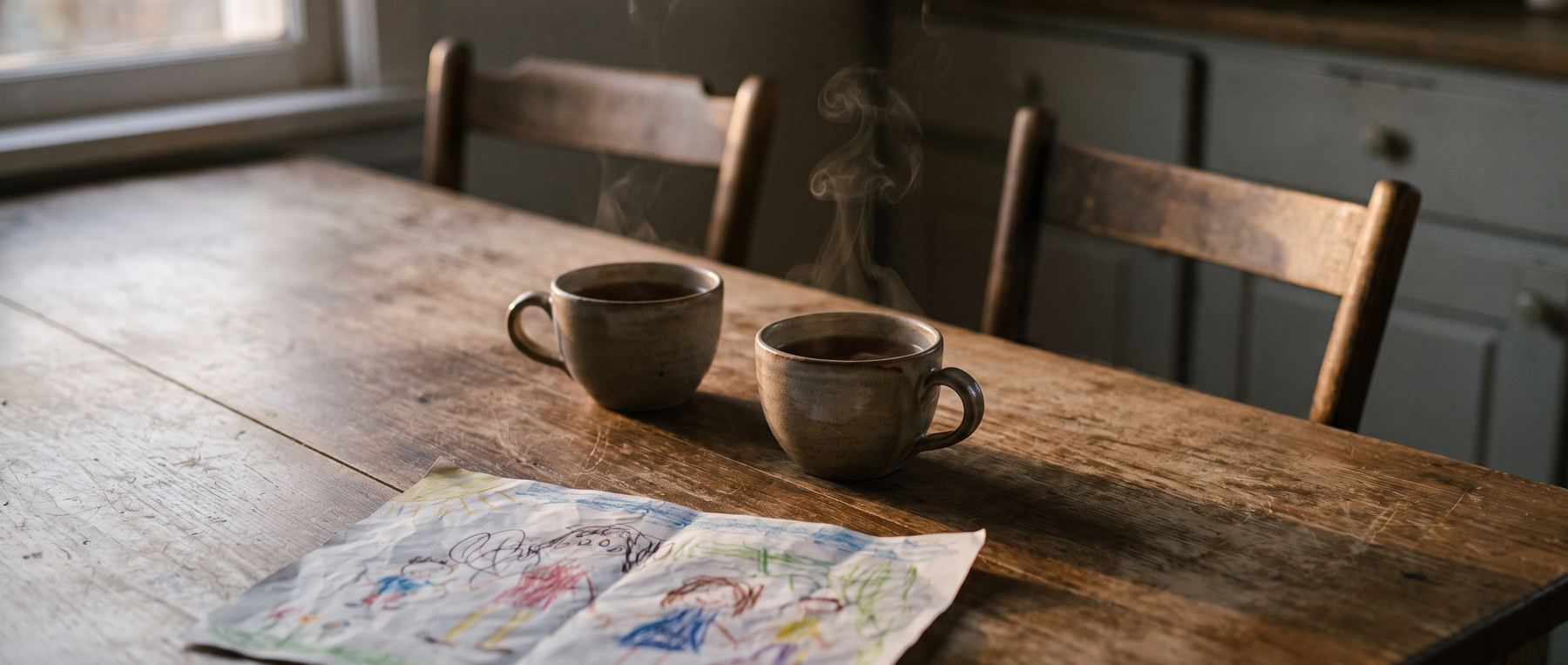 A worn kitchen table in low window light: two cups of tea, one still steaming, beside a child's crayon drawing.