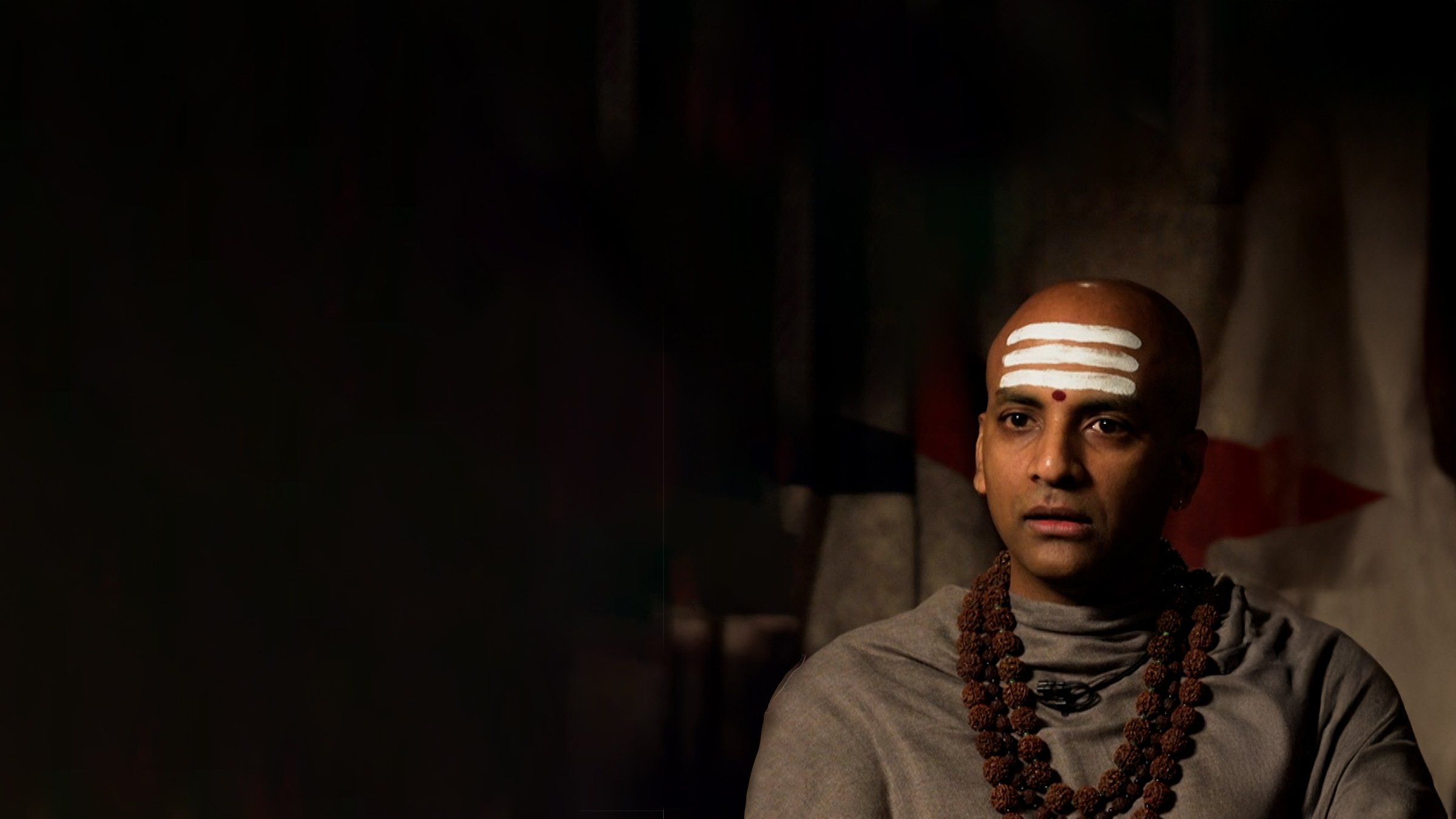 Dandapani, a Hindu priest and former monk of ten years, seated in robes with a calm, level gaze