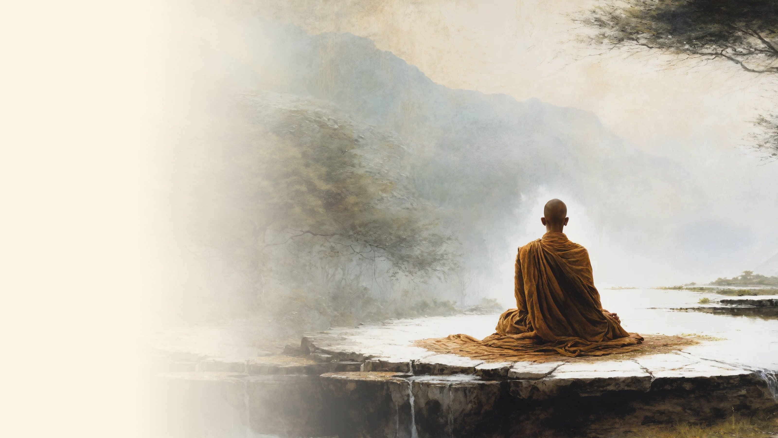 A solitary monk in deep meditation, draped in orange robes, sits serenely on a stone platform overlooking misty waters, embodying the transcendent journey from worldly distraction to inner stillness and unwavering focus.