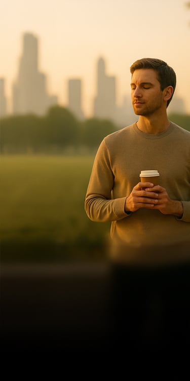 Person standing calmly with coffee in hand at sunrise, symbolizing clarity and focus.
