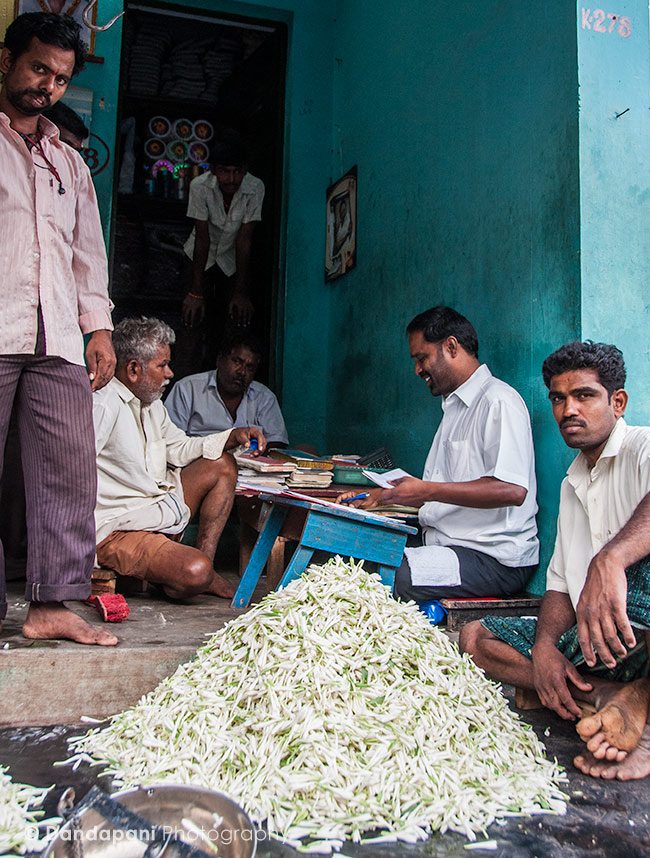 Mounds of jasmine flowers are seen everywhere.