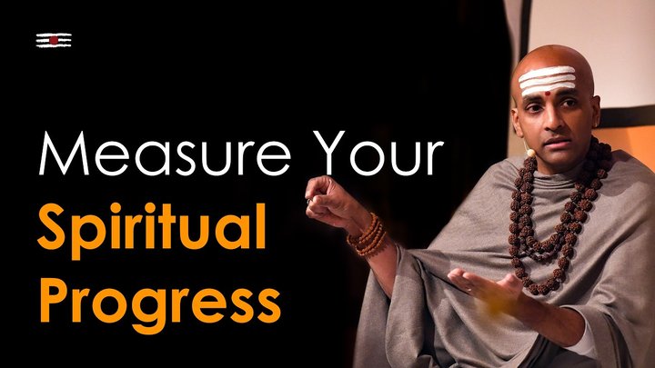 Dandapani teaching on stage beside the title Measure Your Spiritual Progress.