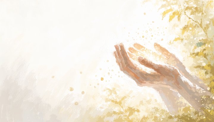 Open cupped hands hold a soft warm glow of light in a sunlit garden.