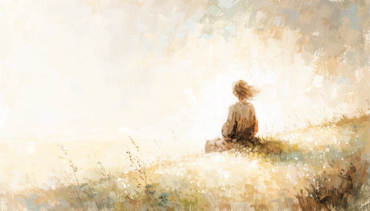 A figure seated in stillness on a sunlit hilltop at dawn, facing a bright open horizon.