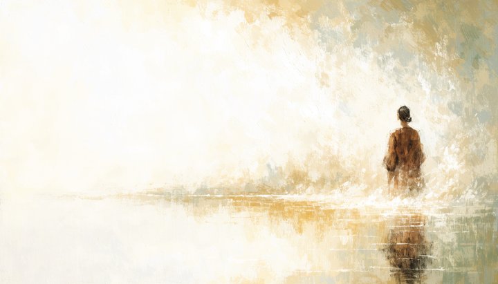 A figure seen from behind gazes into calm, reflective water at dawn as soft light rises, looking quietly inward.