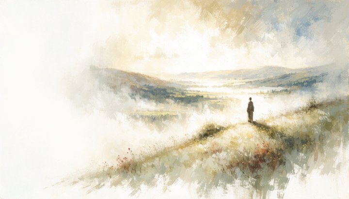 A figure stands on a sunlit hilltop facing an open valley as morning mist lifts into golden light.