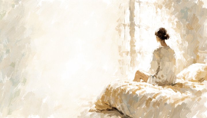 A figure sits quietly on the edge of a bed in soft morning light, with no devices nearby.