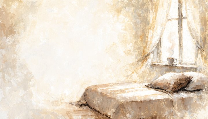 A tidy, sunlit morning scene by a bright window, a freshly made bed and a clean cup on the table, calm and ordered.