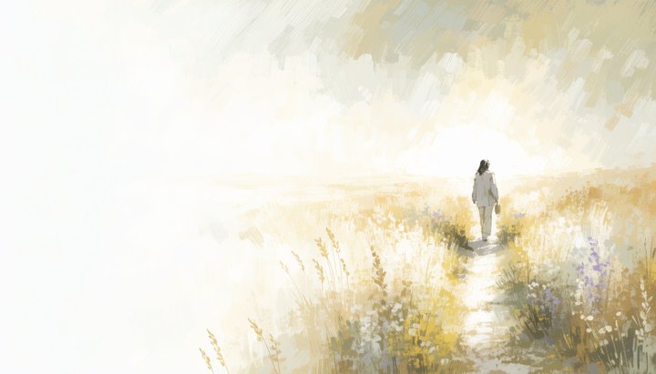 A lone figure walking a sunlit path that winds toward a glowing horizon through open fields.