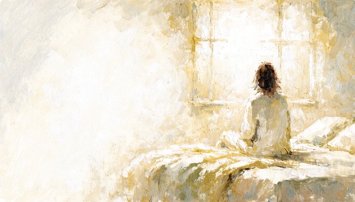 A figure sits quietly on the edge of a bed as soft dawn light streams through a window.
