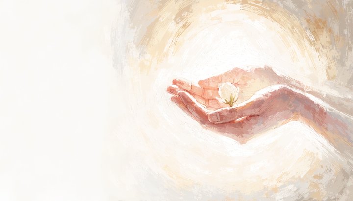 Open hands cradle a soft glow of morning light with a single fragile blossom resting in the palms as a warm sunrise breaks behind.