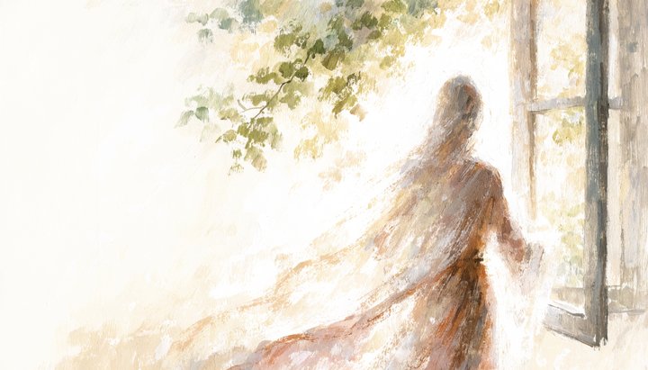 A figure turns away from a glowing screen toward an open window filled with warm morning light and green leaves.