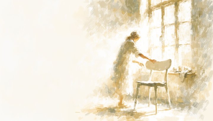 A figure arranges a bright new chair beside a sunlit window in a fresh, airy room full of warm light.