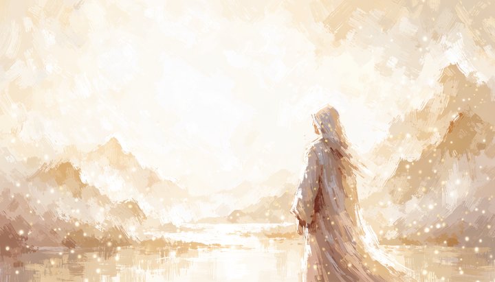 A figure standing in stillness, fully present before a luminous sunrise over calm water and misty mountains.