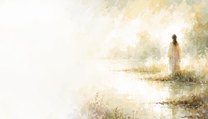 A calm figure stands at the still shore of a lake at dawn, facing soft light.