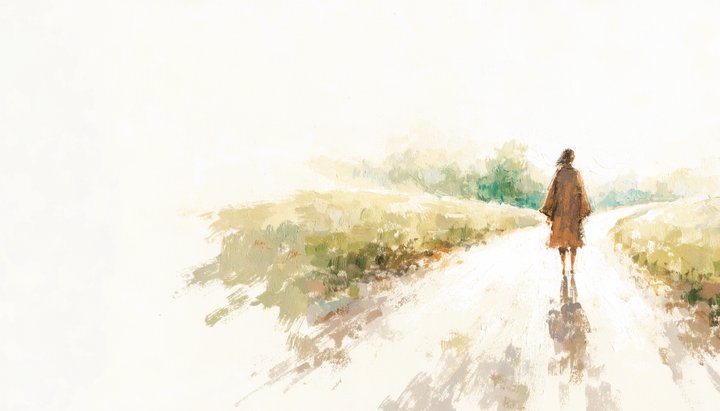 A figure pauses thoughtfully on a bright open road at dawn, warm green light glowing ahead in the distance.