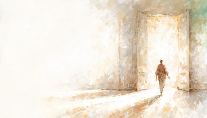 A figure walks through a sunlit hall toward a bright open doorway.
