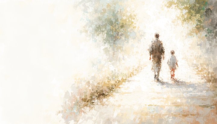 A parent and child walk a bright, sunlit path together, calm and focused.