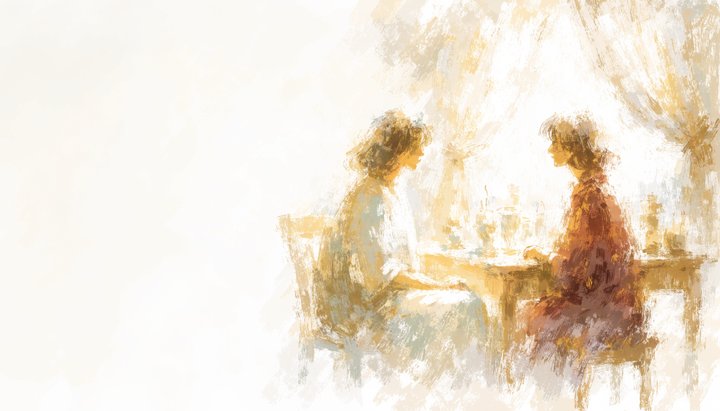 Two people at a sunlit kitchen table turning to face each other in warm morning light, fully present.