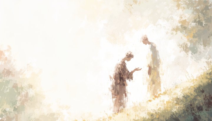 Two figures sit together on a sunlit hillside, one offering an open, patient hand as warm light surrounds them.