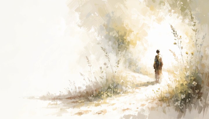A person seen from behind pauses where a nature trail forks, warm morning light illuminating the path they are about to choose.