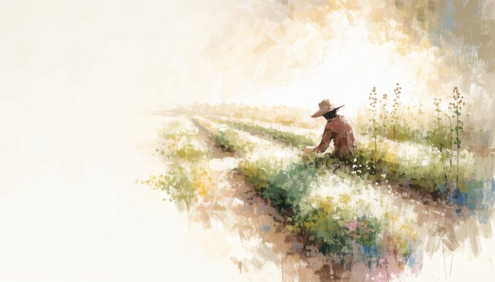 A figure tends a lush, sunlit garden of many green beds, watering can in hand, light streaming across the rows.