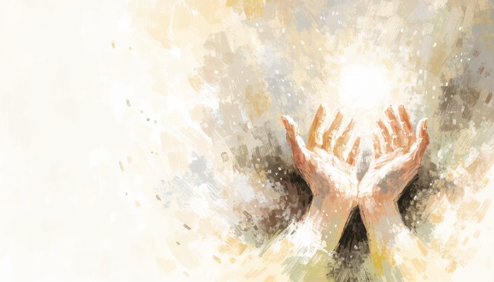 Open cupped hands holding a warm glowing light against a soft, luminous natural background.
