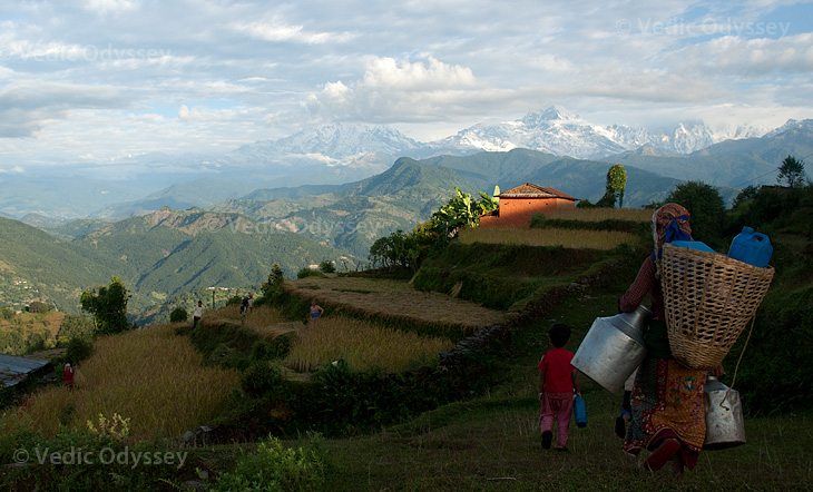 View of the Himalayas at dawn from Ghulakot, Nepal.