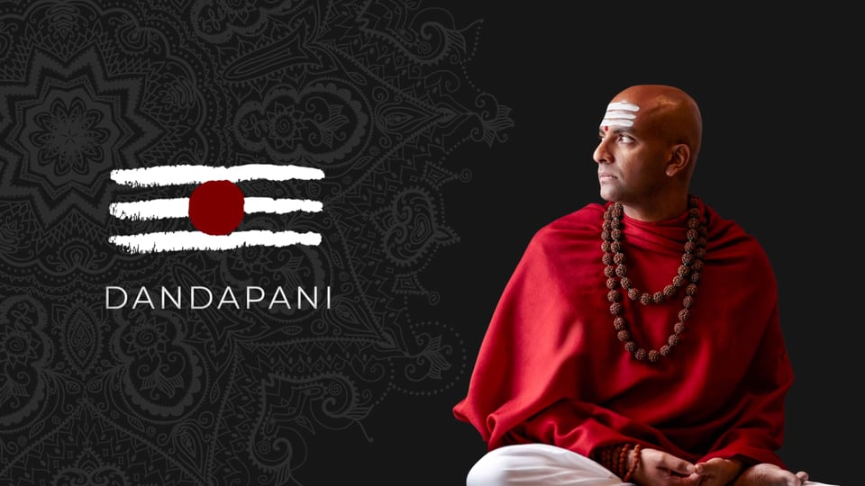 Title card for the Dandapani speaker reel, showing Dandapani in monastic robes