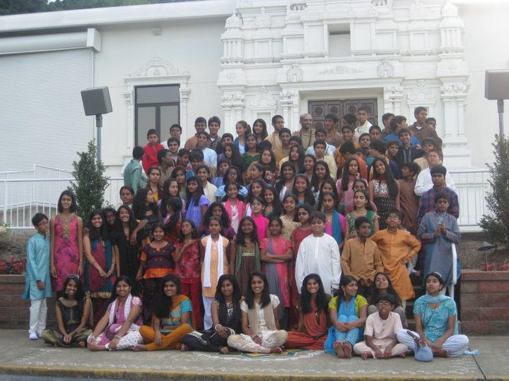 Campers and teachers gather for a group photo in front of the Sri Venkateswara temple in Pittsburgh
