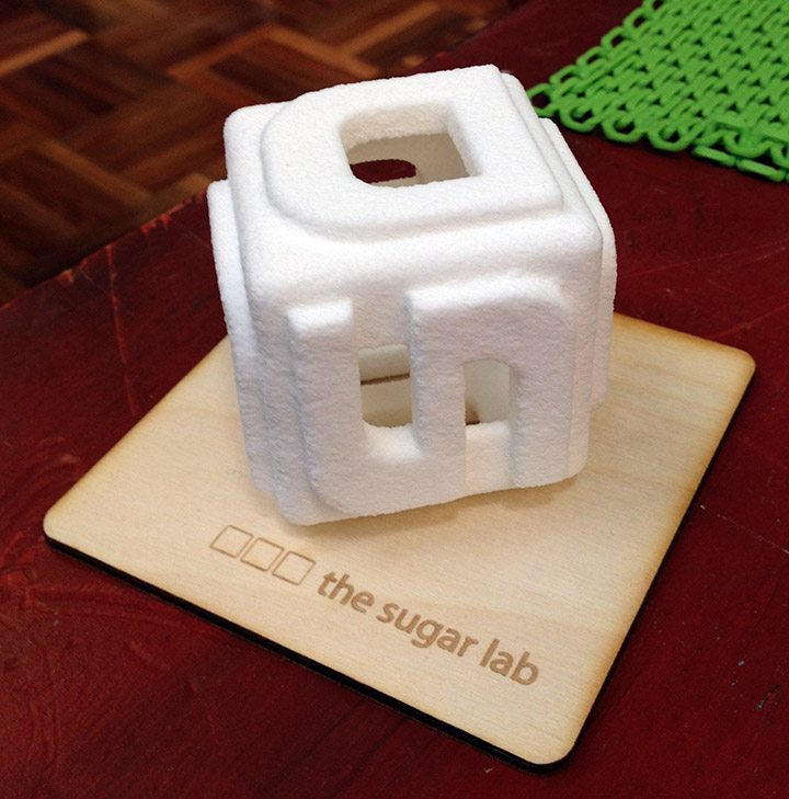Now, this stretched my mind. Printing food. An edible cube of sugar printed with sugar powder and held together with starch.