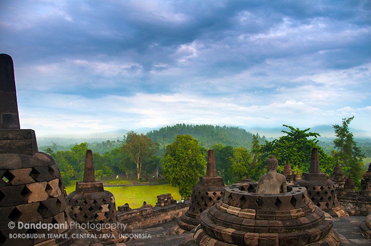 Looking out from Borobudur temple into Central Java in the morning
