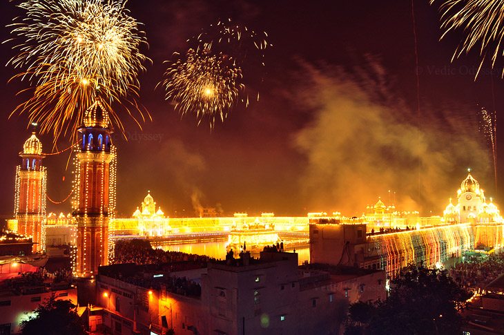 Fireworks and a sea of lights light up the Golden Temple during Diwali celebrations, Amritsar.