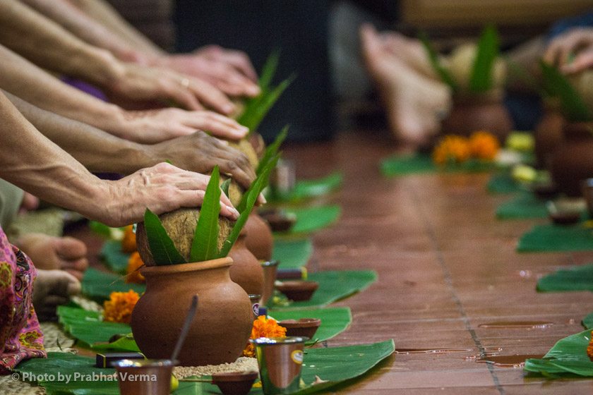 A traditional kumbha (pot) was set up as part of our study of puja (worship).